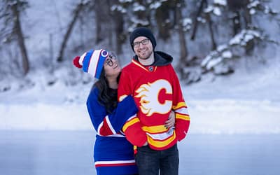 Bowness Park Winter Engagement Photos in Calgary | Skating Session on the River