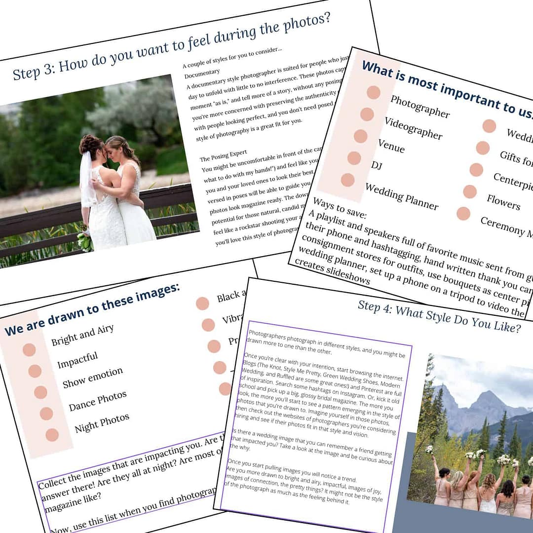 2 Brides and their dog look at each other with a mountain and reflection behind